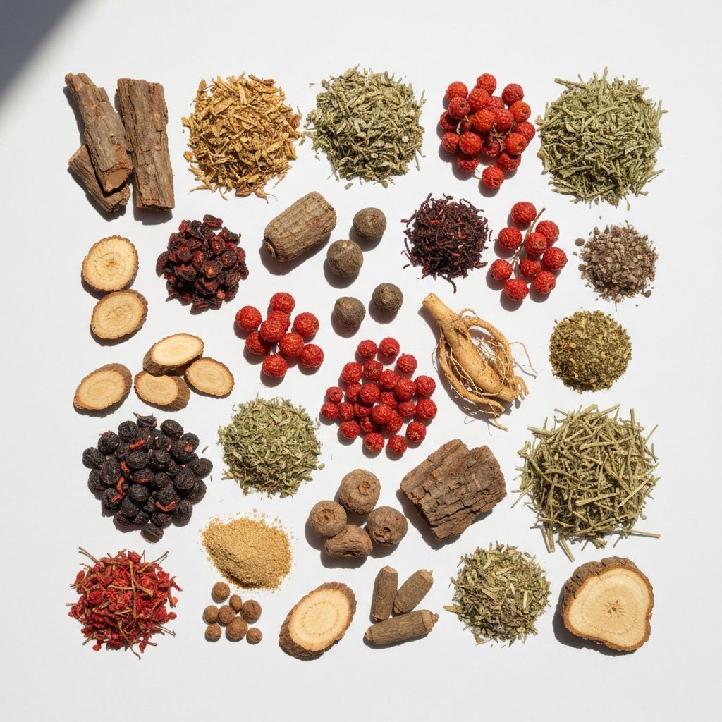 Collection of natural mountain plant materials and dried herbs